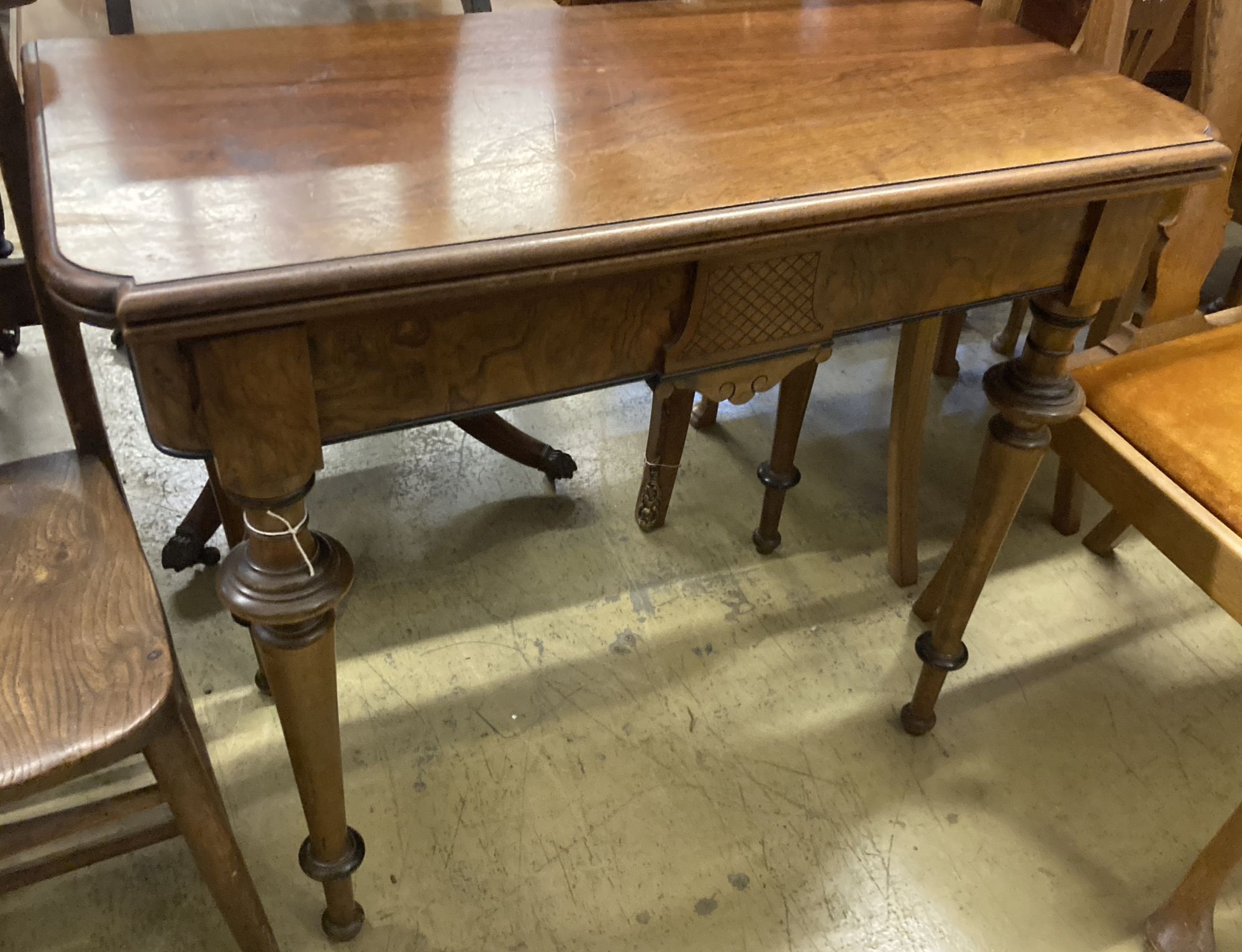 A 19th century Swedish walnut folding tea table, width 92cm, depth 46cm, height 78cm